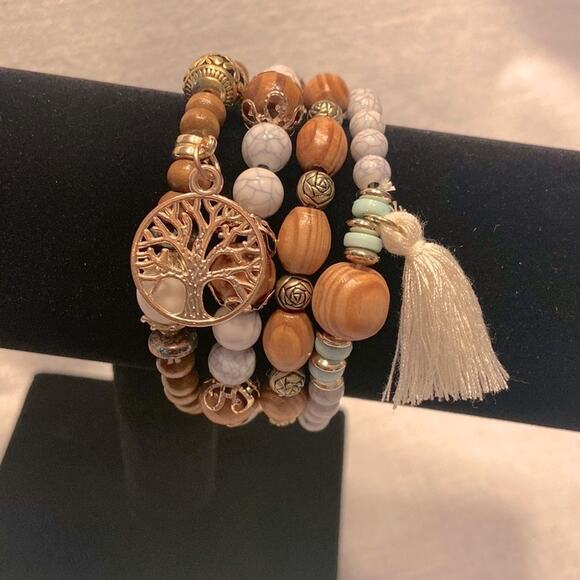 Sunshine Vibez Boho Bohemian Bracelet 4pc Stretch Beaded Tree of Life Charm New - Picture 2 of 3